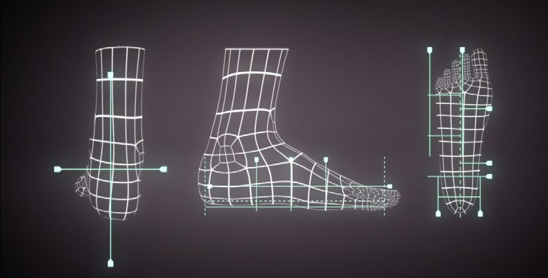 3D foot mesh wireframe from three angles — the automated design system input model